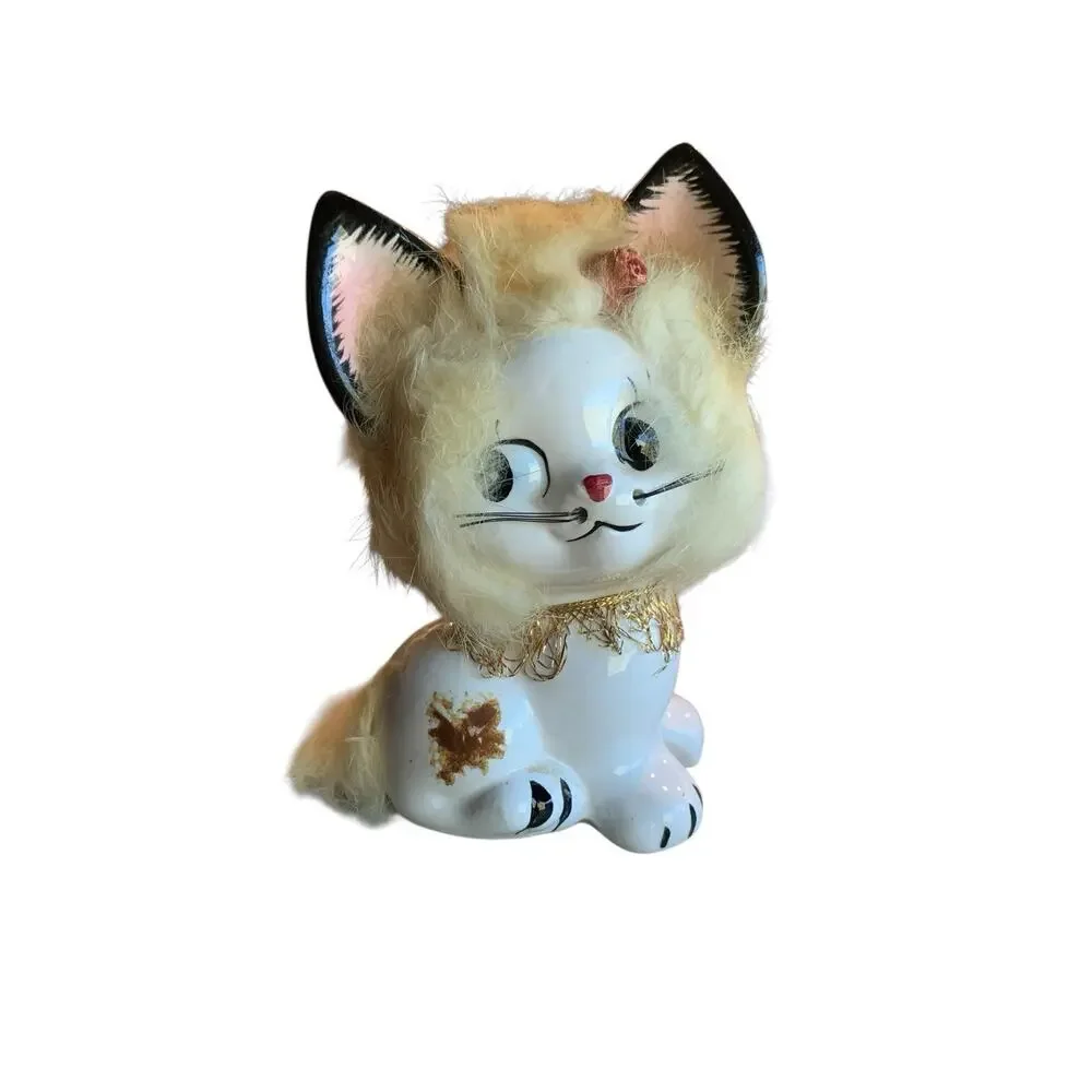 Vintage Brinn's Furry Anthropomorphic Ceramic Cat Kitten Figurine Big‎ Eyes 50s